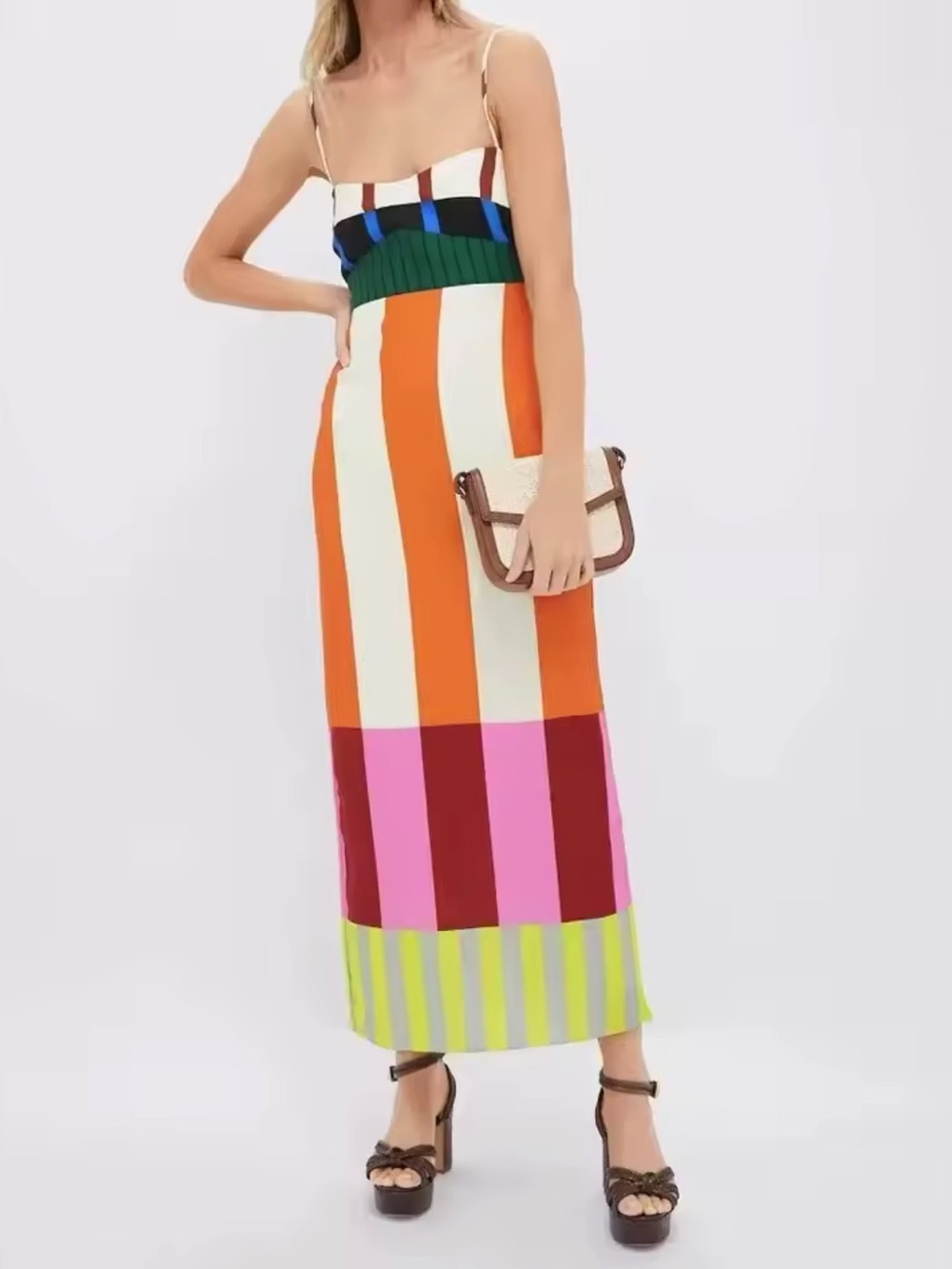 Color block stripe thin strap midi / maxi dress